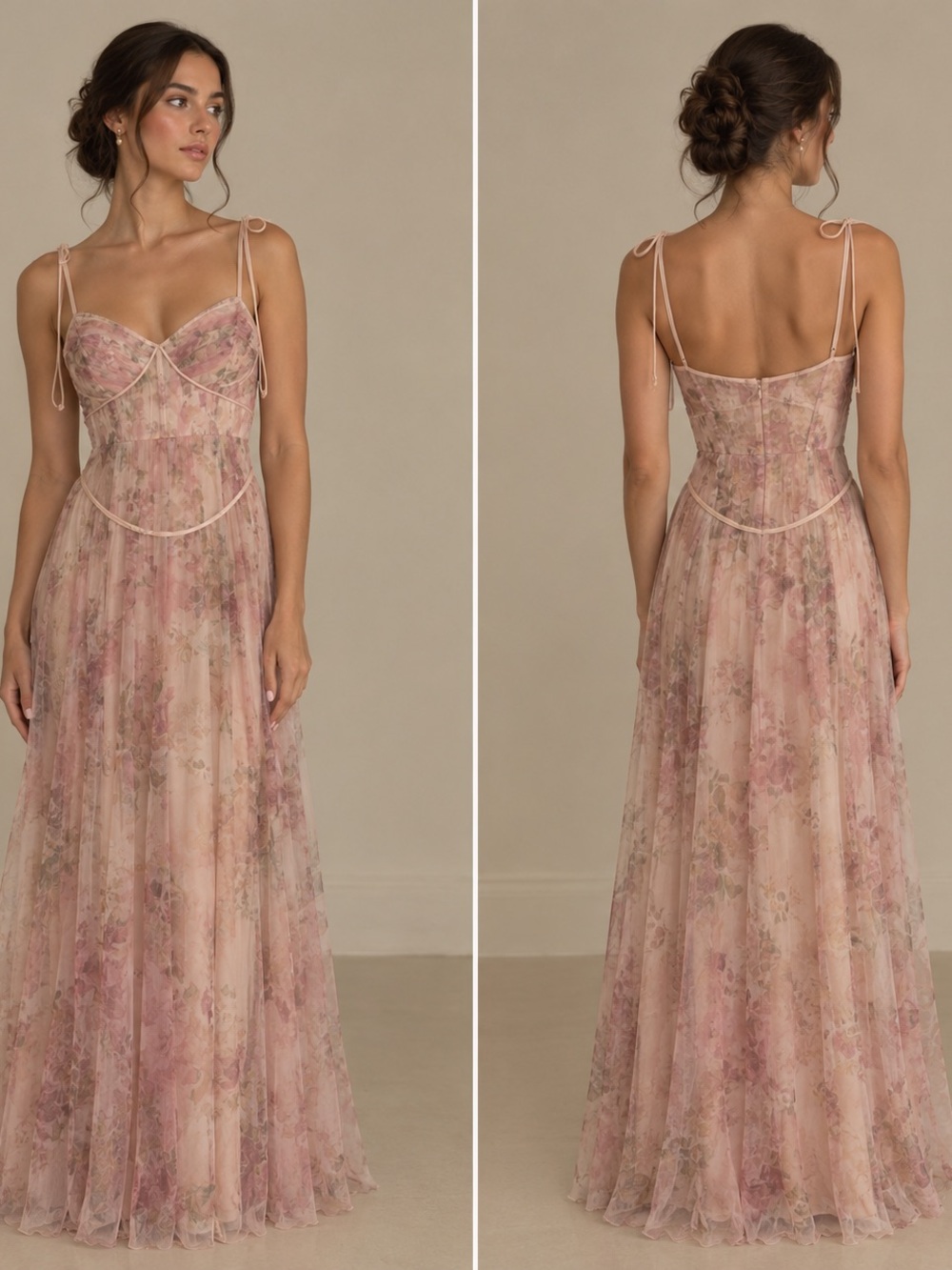 Italian Designer Floral Maxi Dress with honing and cream, pink, and sage tulle